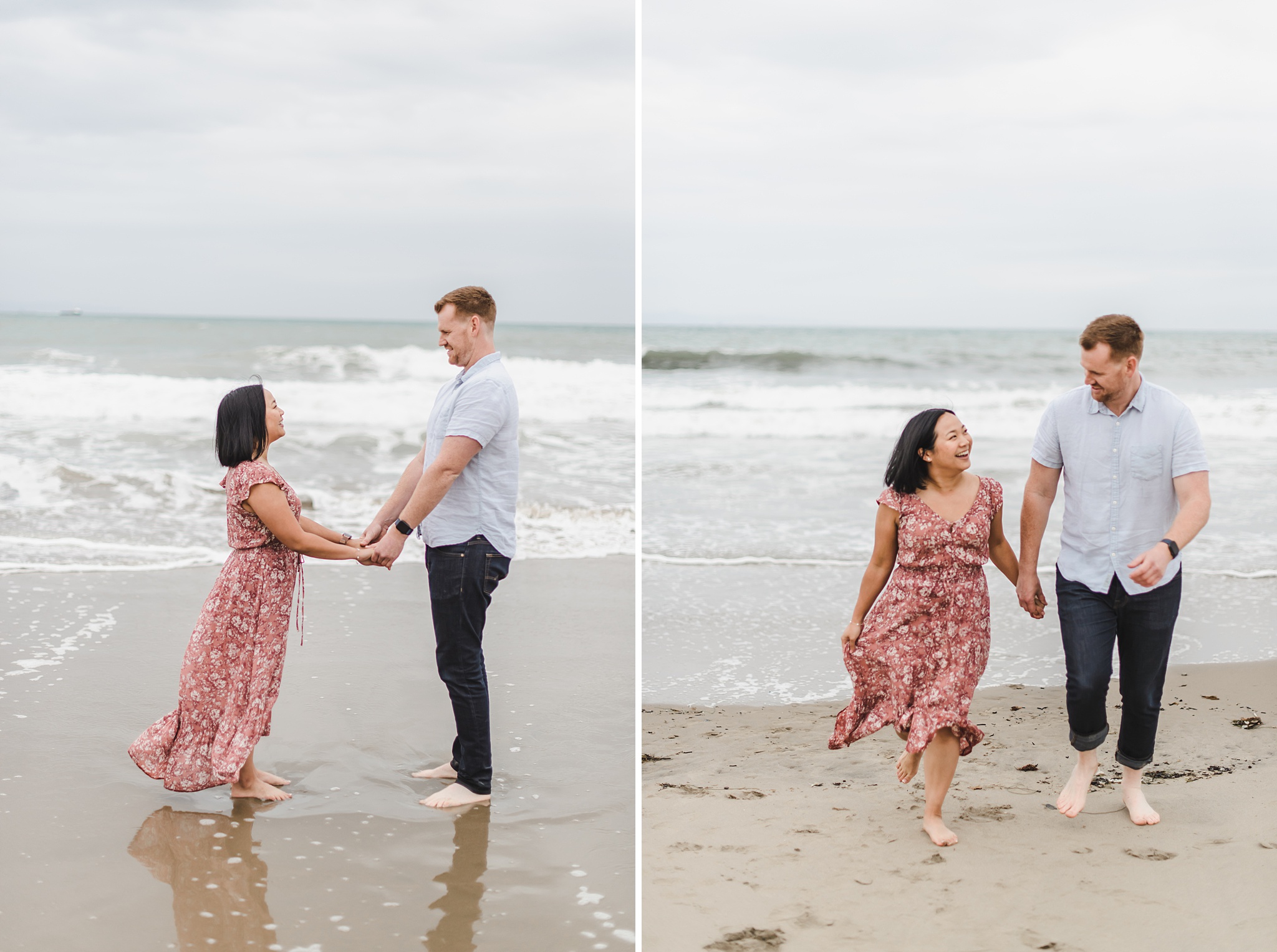 couple holding hands and laughing on the beach