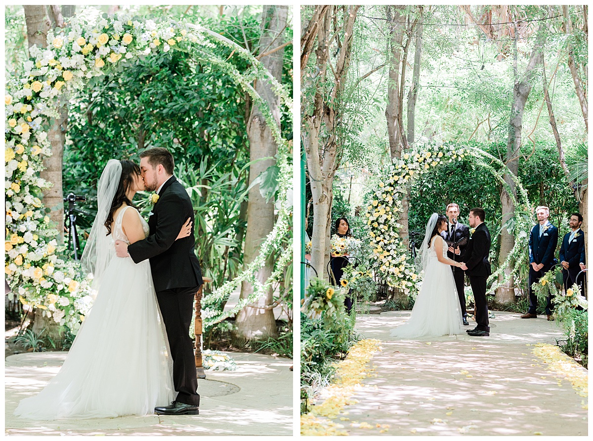 bride and groom having their first kiss at Hartley Botanica