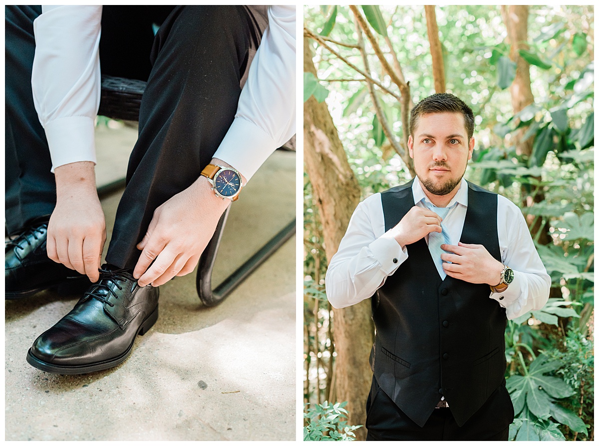 groom getting ready and fixing shoes and tie